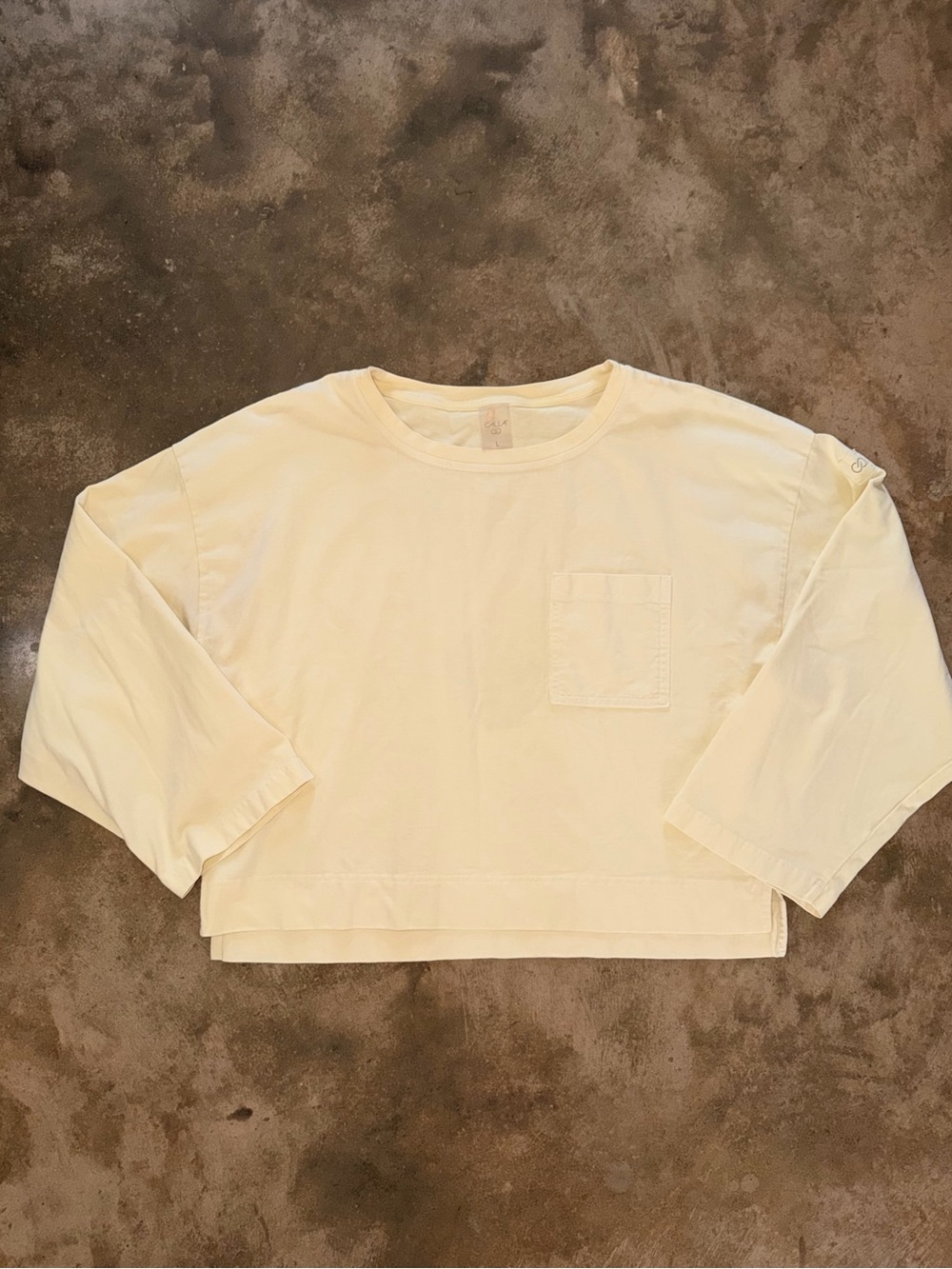 CALIA Butter Yellow Cropped Long Sleeve Pocket Tee Relaxed Cotton Large